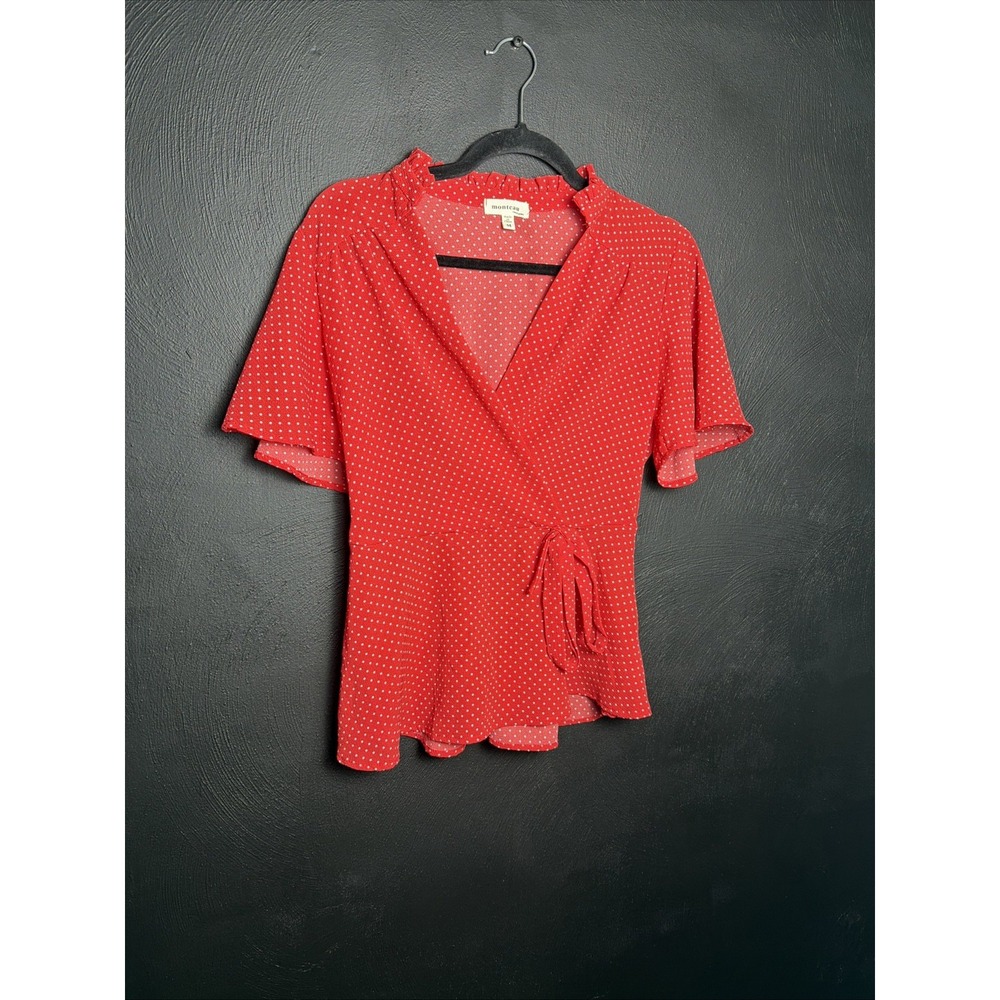 Monteau Women Blouse Sz M Red and White Peplum Polka Dots Faux Wrap